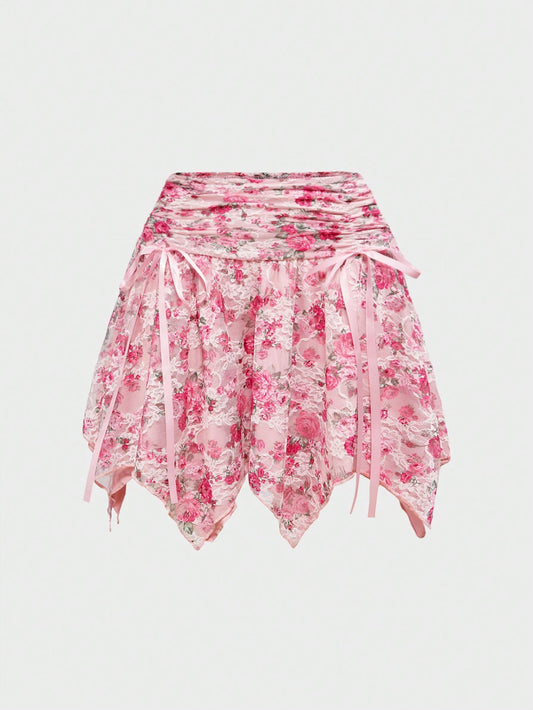 ROMWE J-Fashion Falda de verano para mujer asimétrica con dobladillo con cordón y estampado de encaje floral