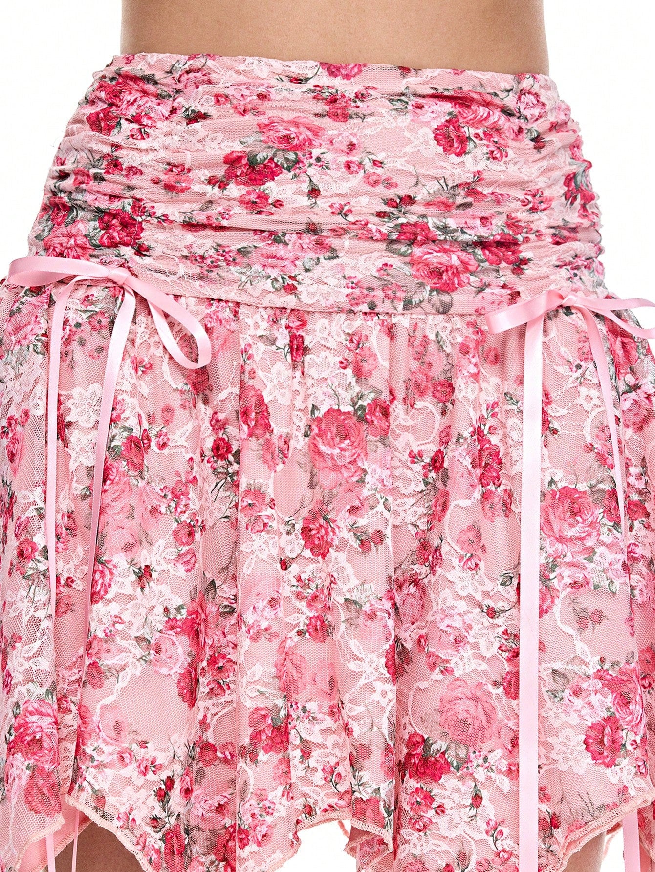 ROMWE J-Fashion Falda de verano para mujer asimétrica con dobladillo con cordón y estampado de encaje floral