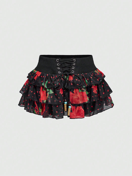 ROMWE J-Fashion Minifalda con estampado de corazón y lunares de rosa para el Día de San Valentín