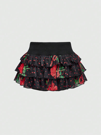 ROMWE J-Fashion Minifalda con estampado de corazón y lunares de rosa para el Día de San Valentín