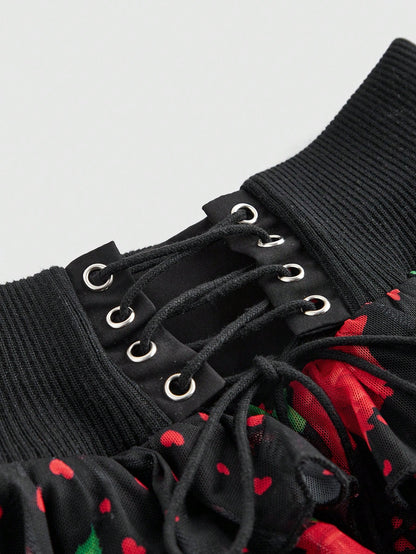 ROMWE J-Fashion Minifalda con estampado de corazón y lunares de rosa para el Día de San Valentín