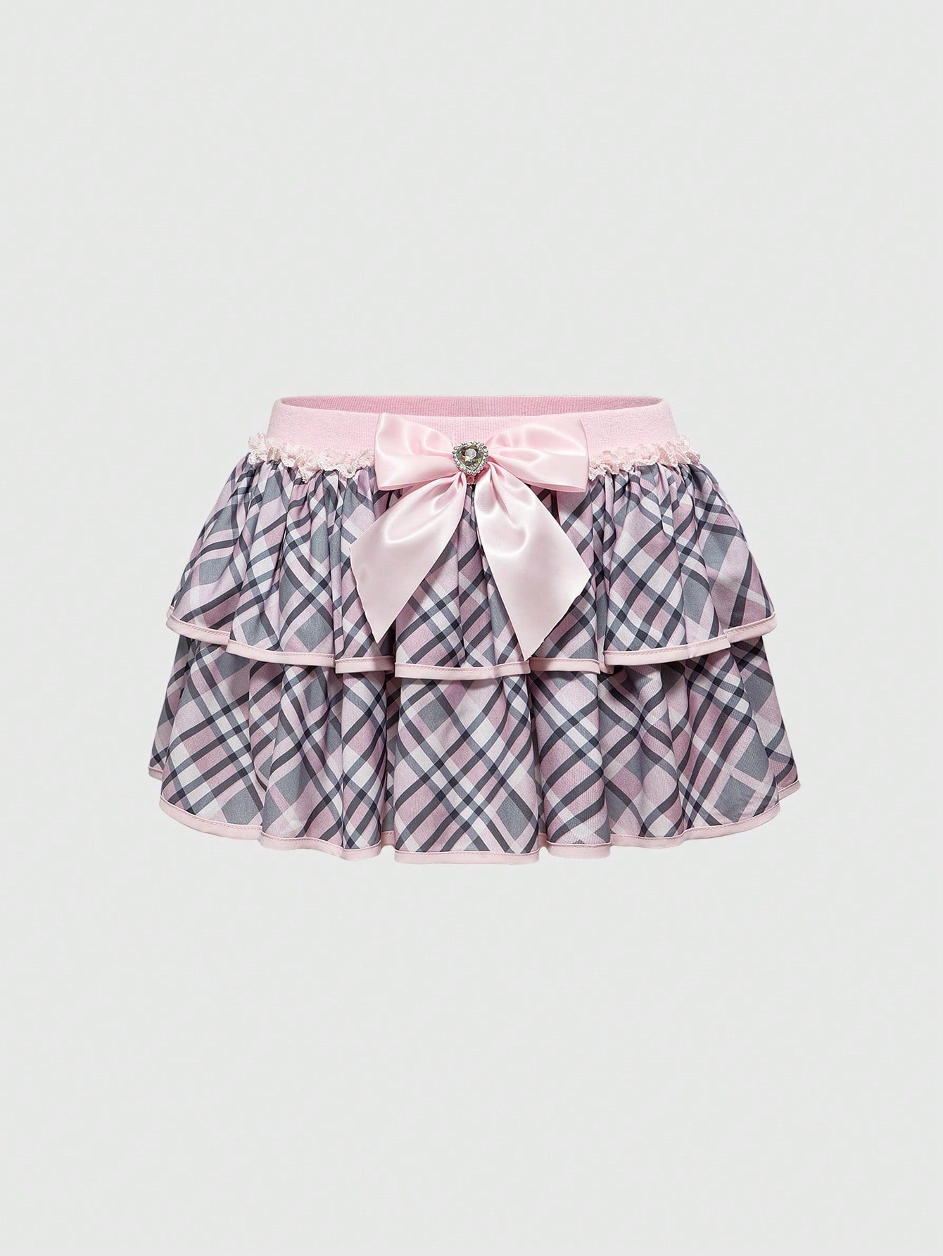 ROMWE J-Fashion Minifalda con volantes a cuadros y decoración de lazo para mujer
