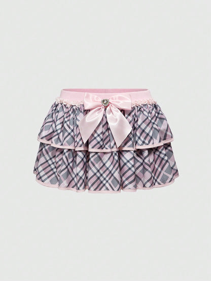 ROMWE J-Fashion Minifalda con volantes a cuadros y decoración de lazo para mujer