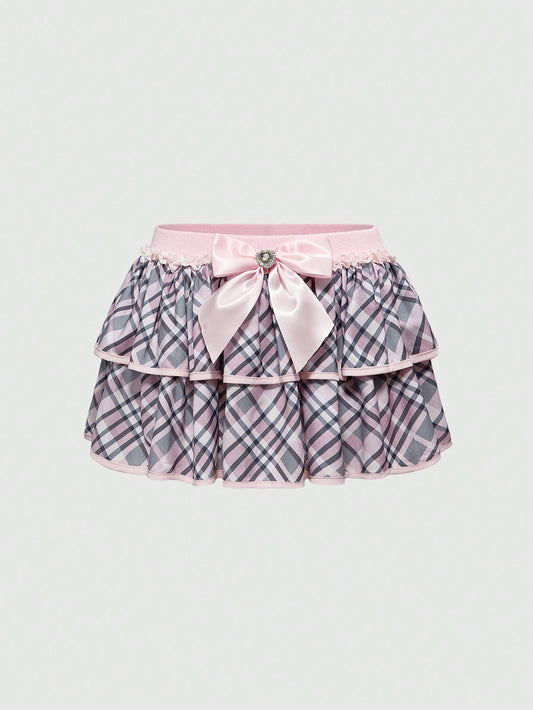 ROMWE J-Fashion Minifalda con volantes a cuadros y decoración de lazo para mujer