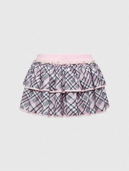 ROMWE J-Fashion Minifalda con volantes a cuadros y decoración de lazo para mujer