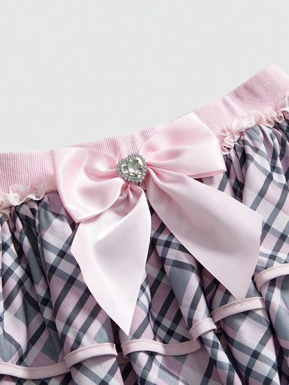 ROMWE J-Fashion Minifalda con volantes a cuadros y decoración de lazo para mujer