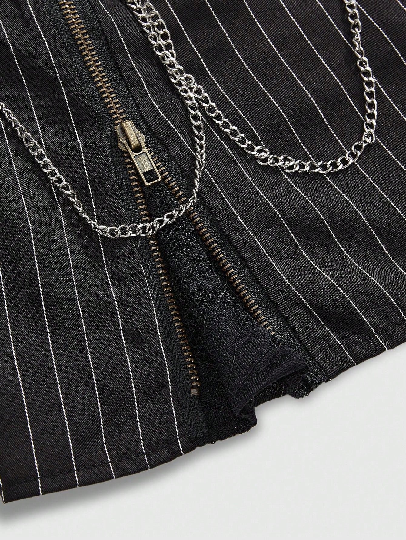 ROMWE J-Fashion Minifalda sexy con abertura, parches de encaje y decoración de cadena en estilo retro colegial rayado Harajuku Gyaru