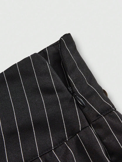 ROMWE J-Fashion Minifalda sexy con abertura, parches de encaje y decoración de cadena en estilo retro colegial rayado Harajuku Gyaru