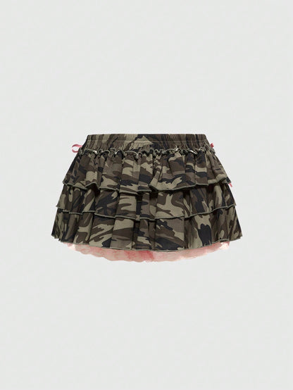 ROMWE J-Fashion Pantalón de falda con dobladillo de encaje con estampado de camuflaje para mujer