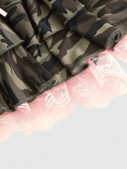ROMWE J-Fashion Pantalón de falda con dobladillo de encaje con estampado de camuflaje para mujer