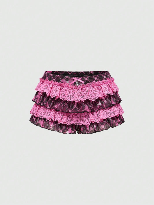 ROMWE J-Fashion Pantalones cortos de mujer con estampado de cuadros, cintura baja, borde con volantes y múltiples capas de malla, en estilo Harajuku Y2K