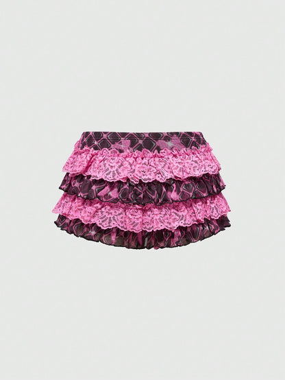 ROMWE J-Fashion Pantalones cortos de mujer con estampado de cuadros, cintura baja, borde con volantes y múltiples capas de malla, en estilo Harajuku Y2K