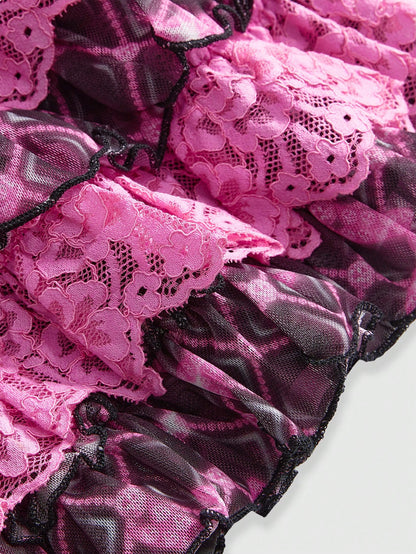 ROMWE J-Fashion Pantalones cortos de mujer con estampado de cuadros, cintura baja, borde con volantes y múltiples capas de malla, en estilo Harajuku Y2K