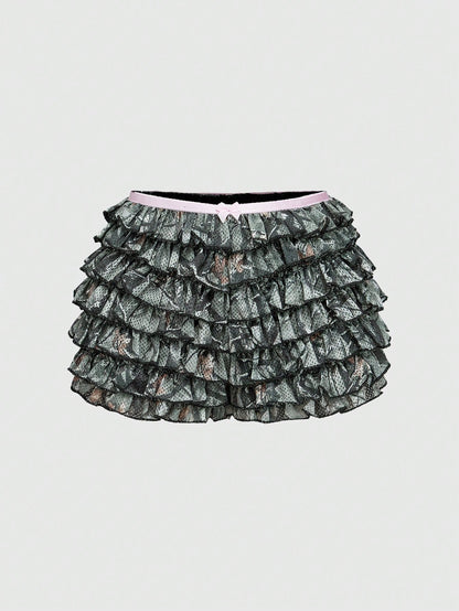 ROMWE J-Fashion Short mini con volantes de adorno con lazo en estilo Y2K camuflaje