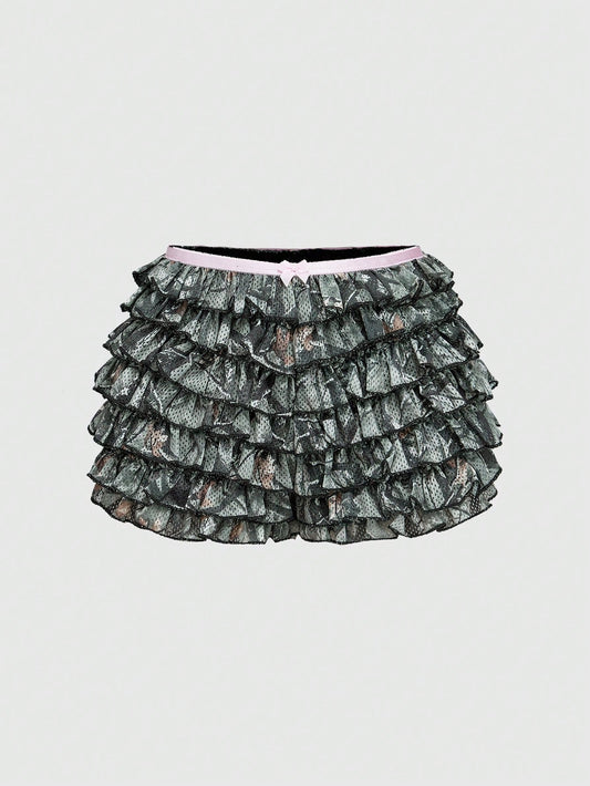 ROMWE J-Fashion Short mini con volantes de adorno con lazo en estilo Y2K camuflaje