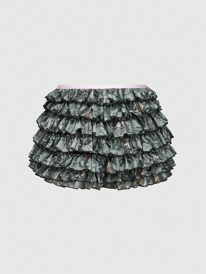 ROMWE J-Fashion Short mini con volantes de adorno con lazo en estilo Y2K camuflaje