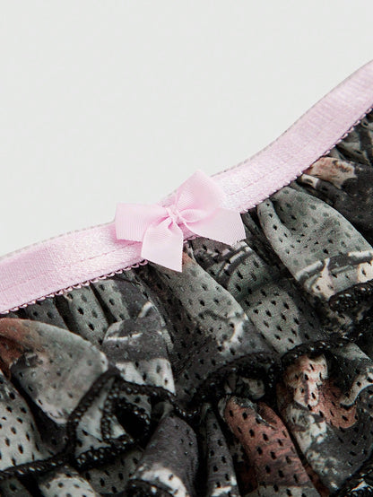 ROMWE J-Fashion Short mini con volantes de adorno con lazo en estilo Y2K camuflaje