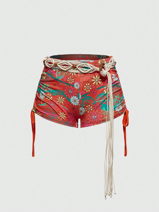 ROMWE J-Fashion Shorts mini con estampado floral retro vintage para vacaciones