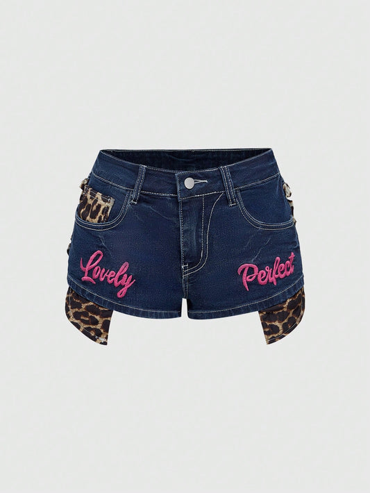 ROMWE J-Fashion Shorts vaqueros de tiro bajo con estampado de leopardo, color block, bordado y tipografía de eslogan Y2K