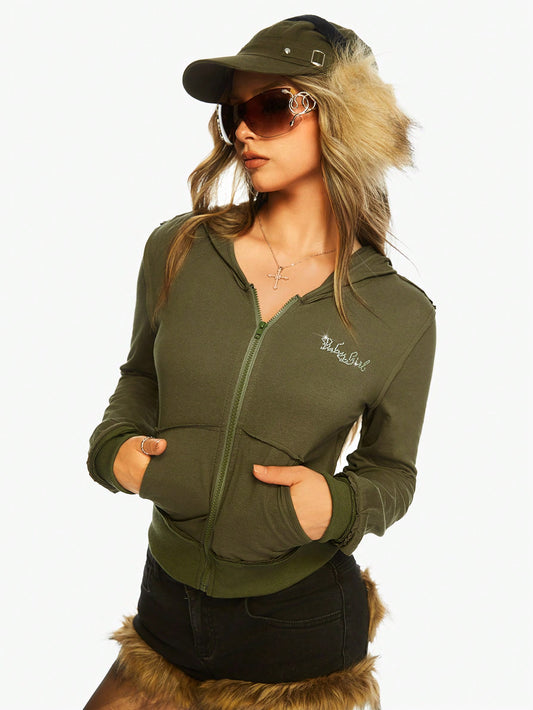 ROMWE J-Fashion Sudadera vintage desgastada con gráfico Harajuku, bordados de alas y texto en inglés con tachuelas de rhinestone para mujeres