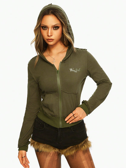 ROMWE J-Fashion Sudadera vintage desgastada con gráfico Harajuku, bordados de alas y texto en inglés con tachuelas de rhinestone para mujeres