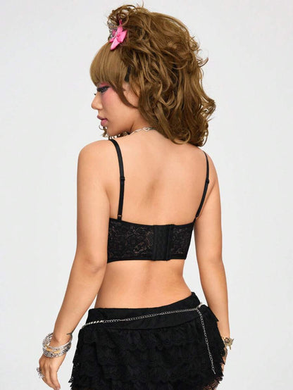 ROMWE J-Fashion Sujetador tipo cami con encaje y ribete de leopardo con aros y sexy
