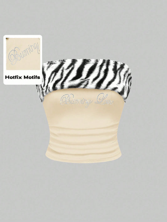 ROMWE J-Fashion Top corto ajustado de punto con estampado de cebra y parches, inspirado en la subcultura de Shibuya, para mujeres
