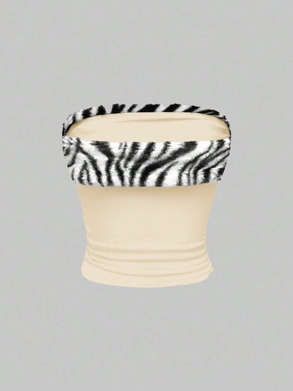 ROMWE J-Fashion Top corto ajustado de punto con estampado de cebra y parches, inspirado en la subcultura de Shibuya, para mujeres