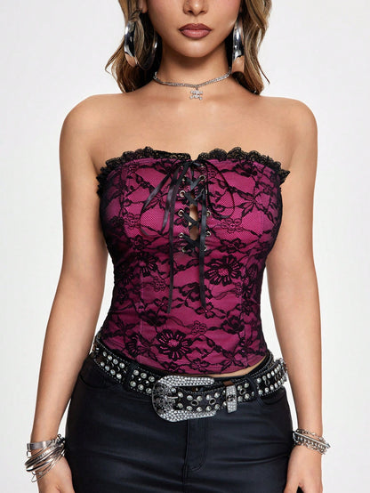 ROMWE J-Fashion Top corto bandeau de mujer con contraste de encaje y malla en estilo retro Y2K