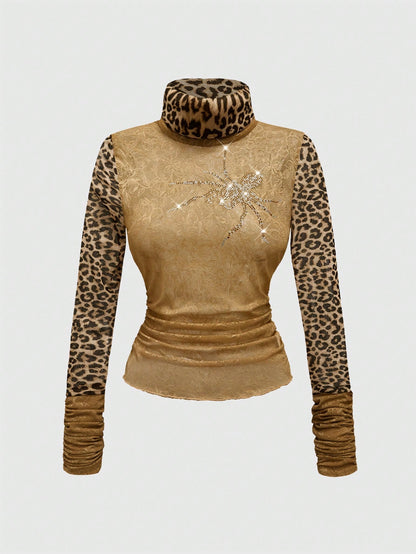 ROMWE J-Fashion Top corto y ceñido para mujer con adornos de strass, encaje, estampado de leopardo y transparencia en estilo gyaru Y2K