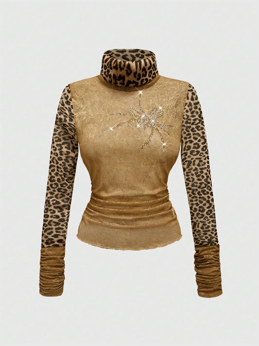 ROMWE J-Fashion Top corto y ceñido para mujer con adornos de strass, encaje, estampado de leopardo y transparencia en estilo gyaru Y2K