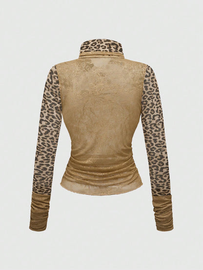 ROMWE J-Fashion Top corto y ceñido para mujer con adornos de strass, encaje, estampado de leopardo y transparencia en estilo gyaru Y2K