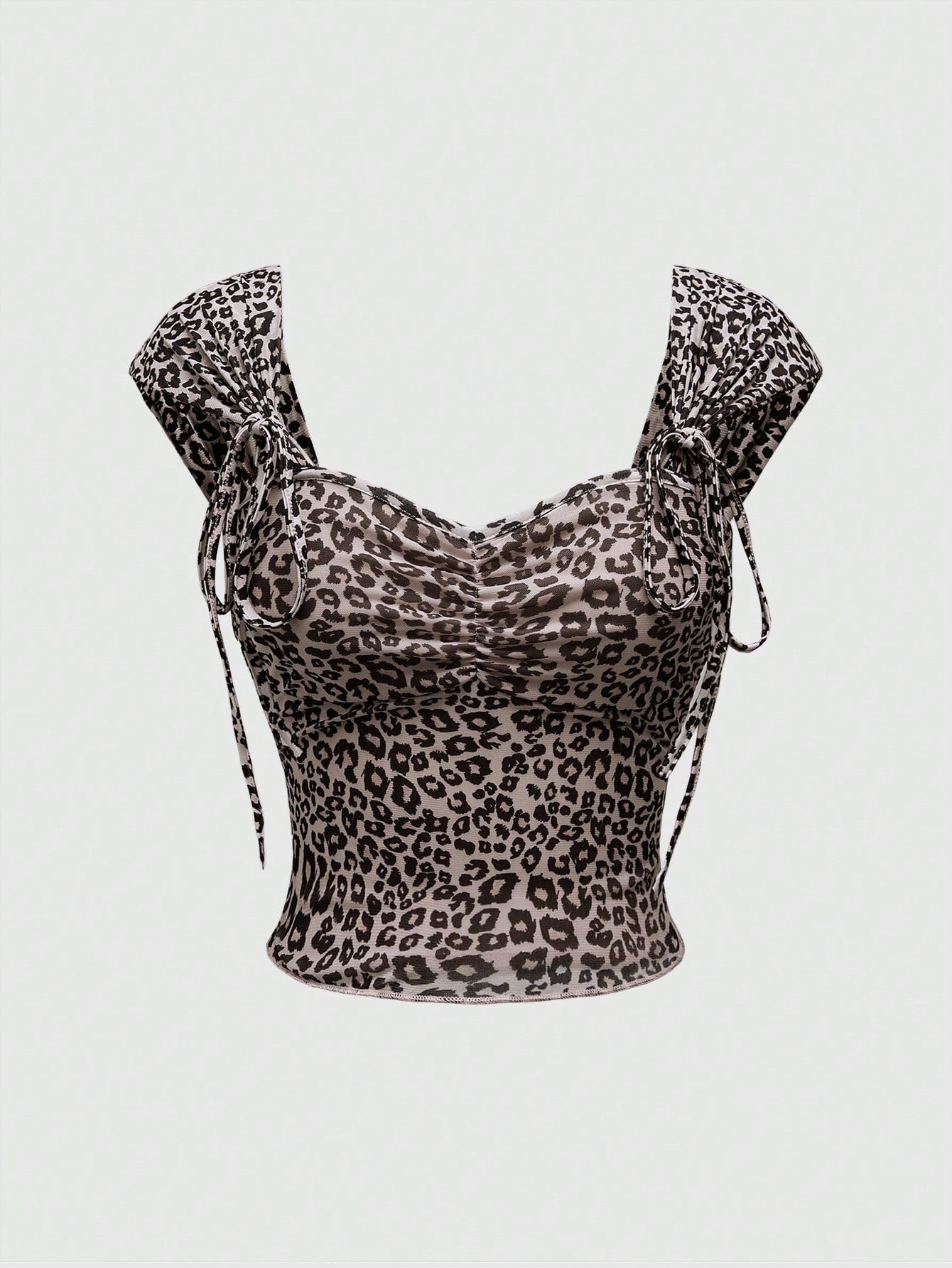 ROMWE J-Fashion Top de malla elástica con escote cuadrado, lazo y estampado de leopardo, diseño minimalista y sexy para mujer