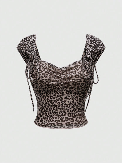 ROMWE J-Fashion Top de malla elástica con escote cuadrado, lazo y estampado de leopardo, diseño minimalista y sexy para mujer