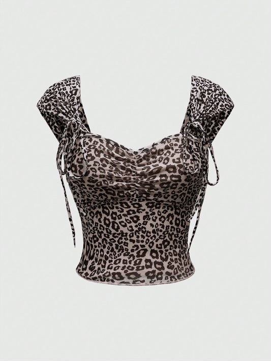 ROMWE J-Fashion Top de malla elástica con escote cuadrado, lazo y estampado de leopardo, diseño minimalista y sexy para mujer
