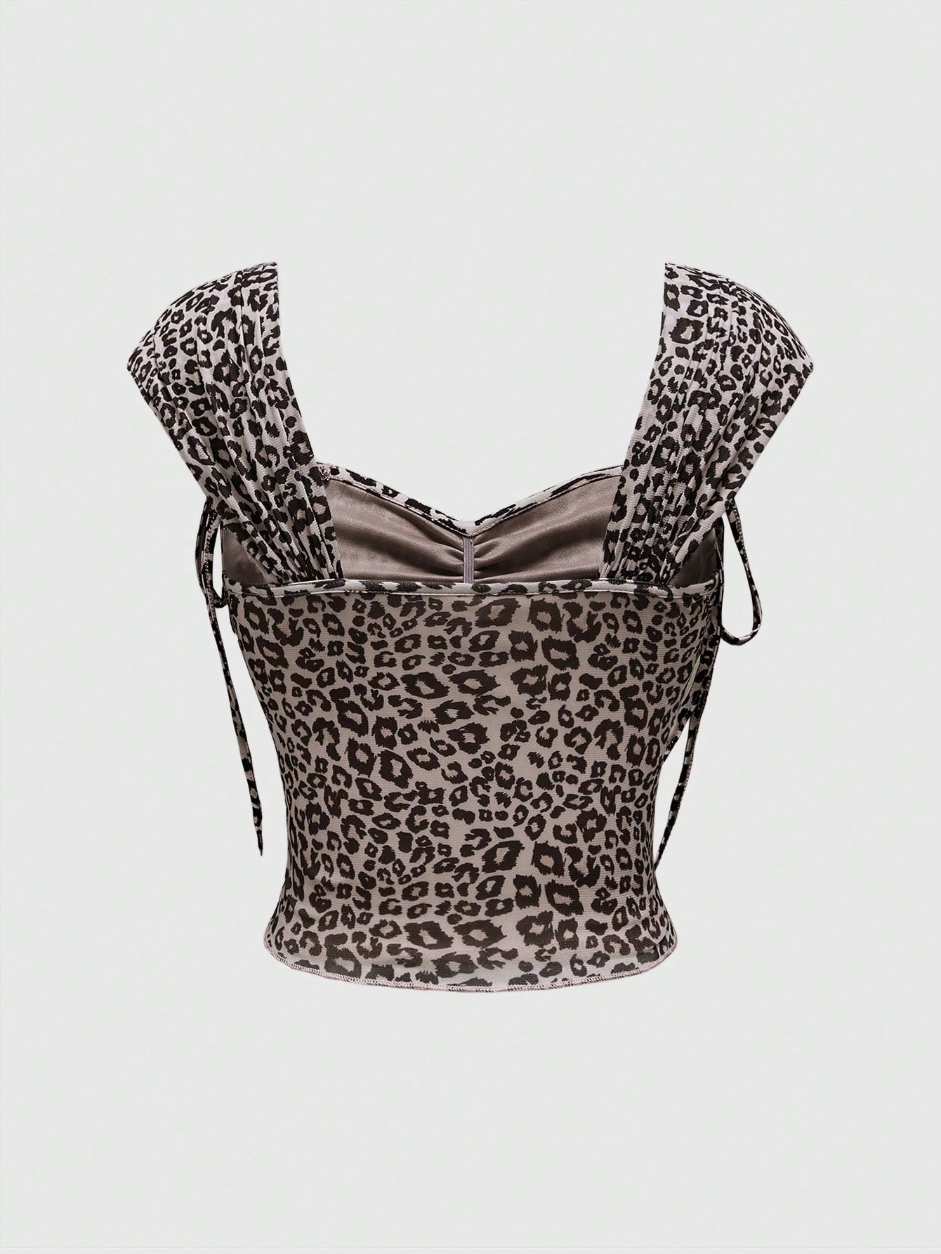 ROMWE J-Fashion Top de malla elástica con escote cuadrado, lazo y estampado de leopardo, diseño minimalista y sexy para mujer
