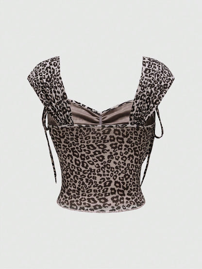 ROMWE J-Fashion Top de malla elástica con escote cuadrado, lazo y estampado de leopardo, diseño minimalista y sexy para mujer