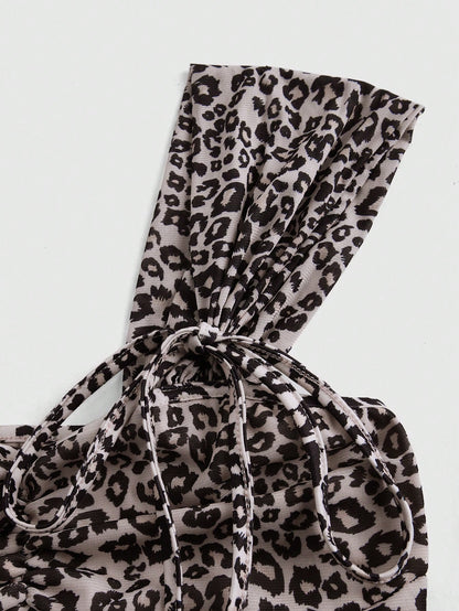 ROMWE J-Fashion Top de malla elástica con escote cuadrado, lazo y estampado de leopardo, diseño minimalista y sexy para mujer