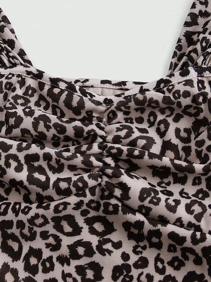 ROMWE J-Fashion Top de malla elástica con escote cuadrado, lazo y estampado de leopardo, diseño minimalista y sexy para mujer