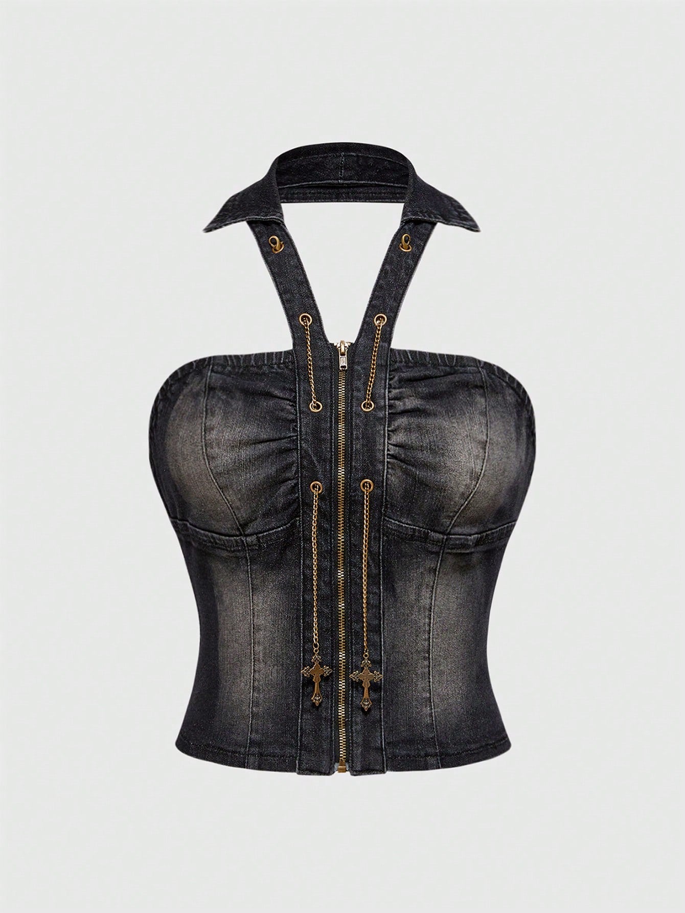 ROMWE J-Fashion Top de tirantes de denim con cremallera delantera y diseño de ojetes para mujer