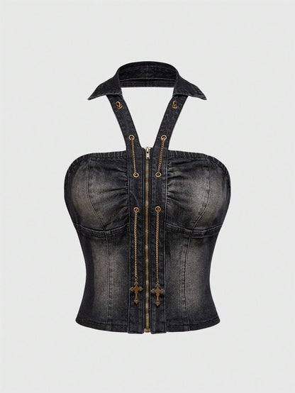 ROMWE J-Fashion Top de tirantes de denim con cremallera delantera y diseño de ojetes para mujer