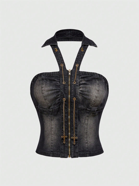 ROMWE J-Fashion Top de tirantes de denim con cremallera delantera y diseño de ojetes para mujer