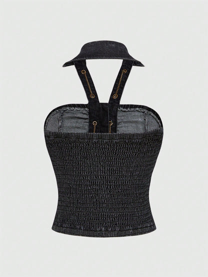 ROMWE J-Fashion Top de tirantes de denim con cremallera delantera y diseño de ojetes para mujer