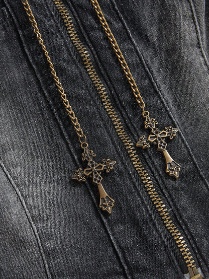ROMWE J-Fashion Top de tirantes de denim con cremallera delantera y diseño de ojetes para mujer
