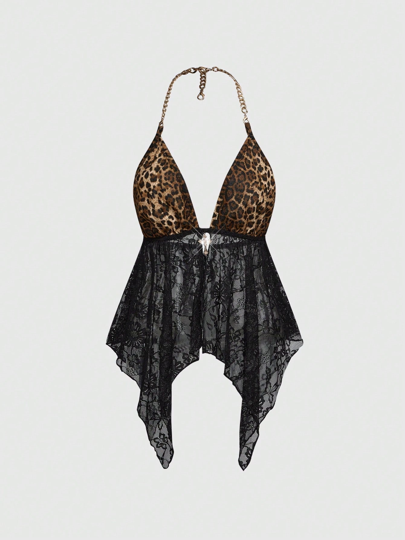 ROMWE J-Fashion Top sin espalda con cuello de halter con patchwork de encaje y cadena metálica con estampado de leopardo para mujer