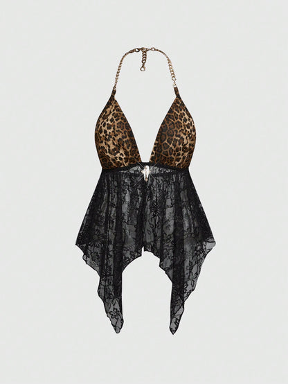 ROMWE J-Fashion Top sin espalda con cuello de halter con patchwork de encaje y cadena metálica con estampado de leopardo para mujer