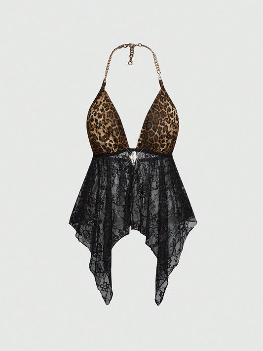 ROMWE J-Fashion Top sin espalda con cuello de halter con patchwork de encaje y cadena metálica con estampado de leopardo para mujer