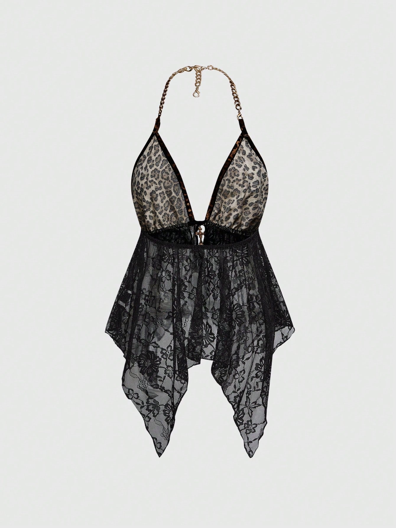 ROMWE J-Fashion Top sin espalda con cuello de halter con patchwork de encaje y cadena metálica con estampado de leopardo para mujer