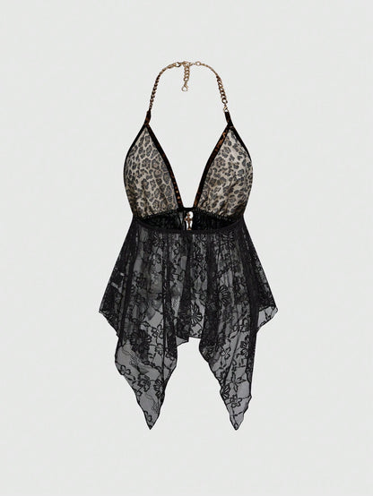 ROMWE J-Fashion Top sin espalda con cuello de halter con patchwork de encaje y cadena metálica con estampado de leopardo para mujer
