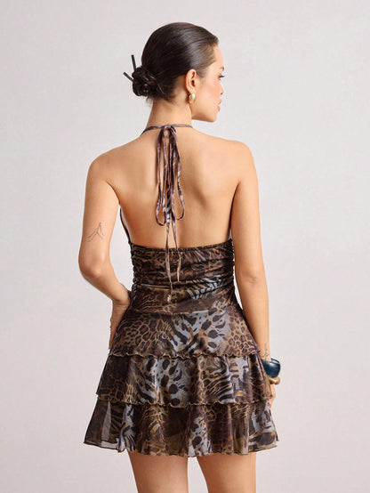 ROMWE J-Fashion Vestido de mujer con cuello halter y dobladillo con volantes, con estampado de animal vintage